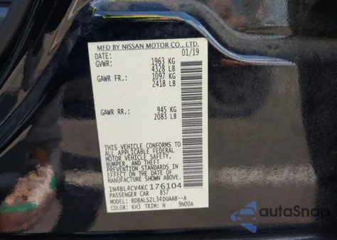 2019 Nissan Altima 2.5 Sr z USA, uszkodzony, nr VIN 1N4BL4CV4KC176104